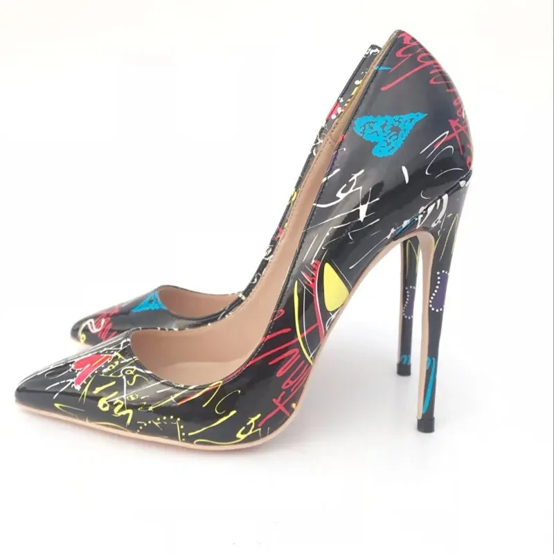 Black high-heeled graffiti shoes