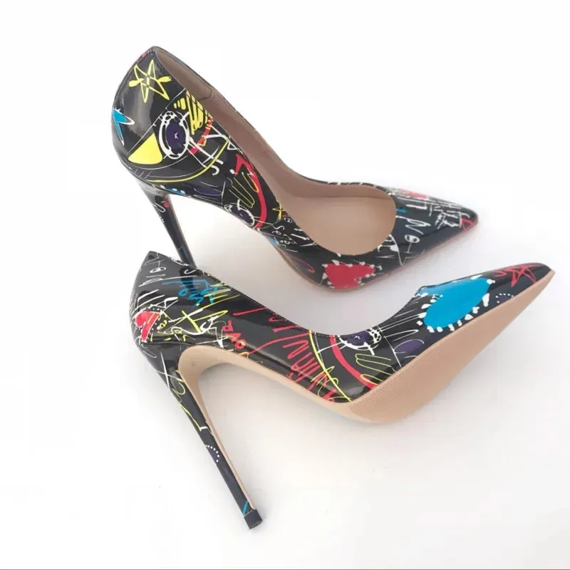Black high-heeled graffiti shoes