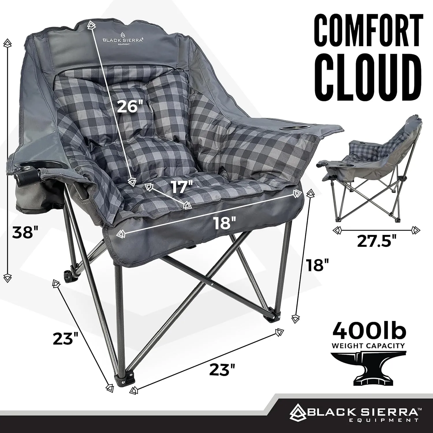Black Sierra Plush Camping Chair for Sports & Outdoors, Oversize XL Outdoor Folding Chair Supports 400 lbs, Heavy Duty Lounge w/Cup Holders & Carry Bag Perfect for Tailgating, Patio