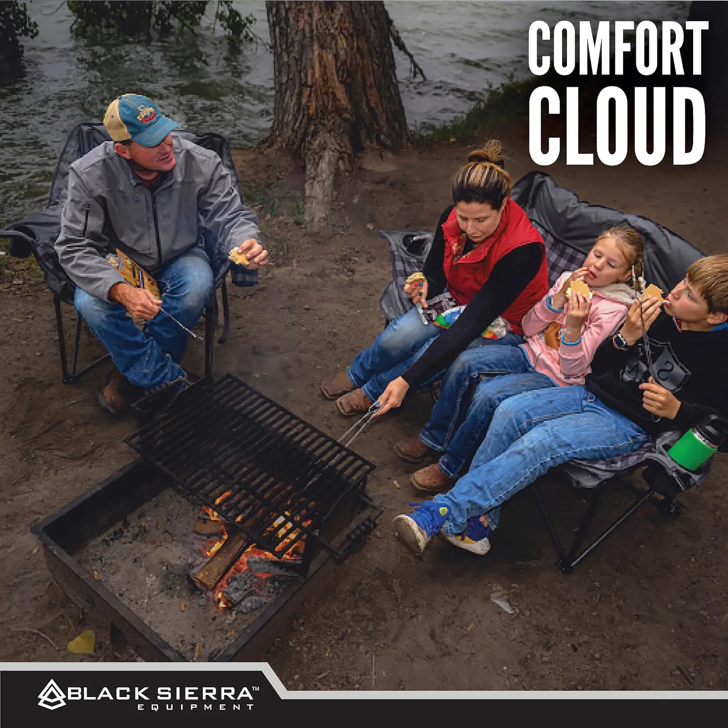 Black Sierra Plush Camping Chair for Sports & Outdoors, Oversize XL Outdoor Folding Chair Supports 400 lbs, Heavy Duty Lounge w/Cup Holders & Carry Bag Perfect for Tailgating, Patio