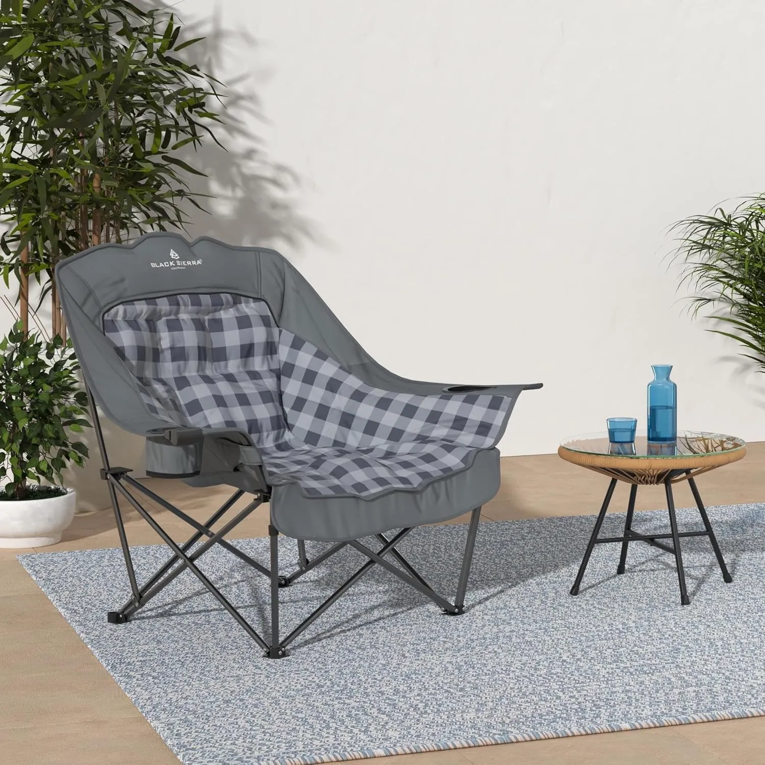 Black Sierra Plush Camping Chair for Sports & Outdoors, Oversize XL Outdoor Folding Chair Supports 400 lbs, Heavy Duty Lounge w/Cup Holders & Carry Bag Perfect for Tailgating, Patio