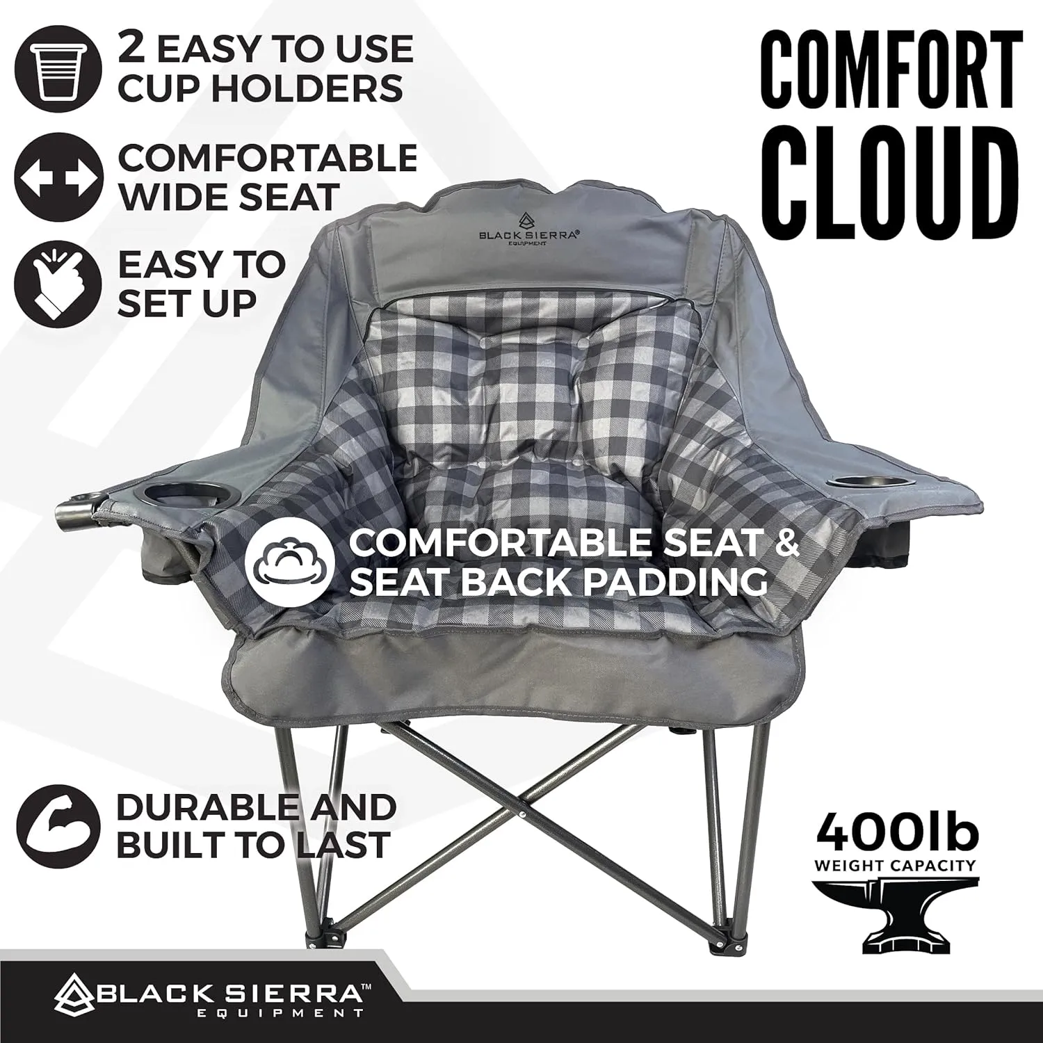 Black Sierra Plush Camping Chair for Sports & Outdoors, Oversize XL Outdoor Folding Chair Supports 400 lbs, Heavy Duty Lounge w/Cup Holders & Carry Bag Perfect for Tailgating, Patio