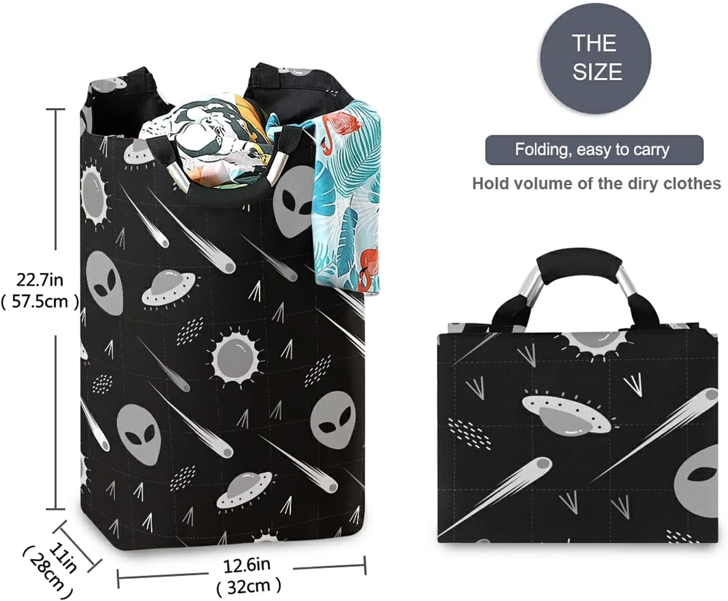 Black White Pattern Alien, UFO, Comet, Star, Sun, Wars on Dark Laundry Hamper Basket Bucket, Foldable Dirty Clothes Bag, Waterproof Fabric Washing Bin, Toy Storage with Handles for Bathroom