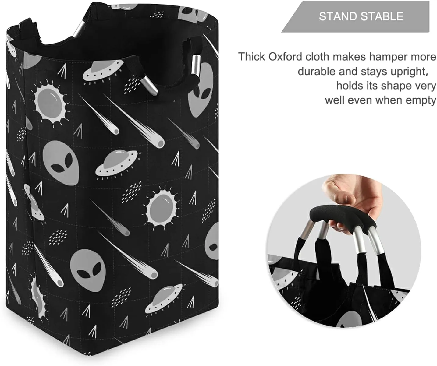 Black White Pattern Alien, UFO, Comet, Star, Sun, Wars on Dark Laundry Hamper Basket Bucket, Foldable Dirty Clothes Bag, Waterproof Fabric Washing Bin, Toy Storage with Handles for Bathroom