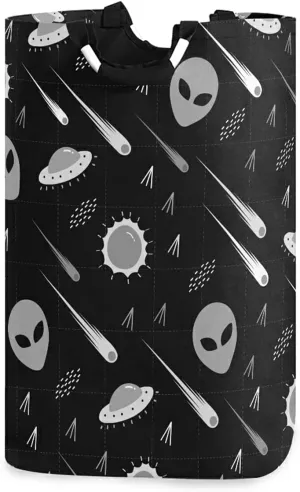 Black White Pattern Alien, UFO, Comet, Star, Sun, Wars on Dark Laundry Hamper Basket Bucket, Foldable Dirty Clothes Bag, Waterproof Fabric Washing Bin, Toy Storage with Handles for Bathroom