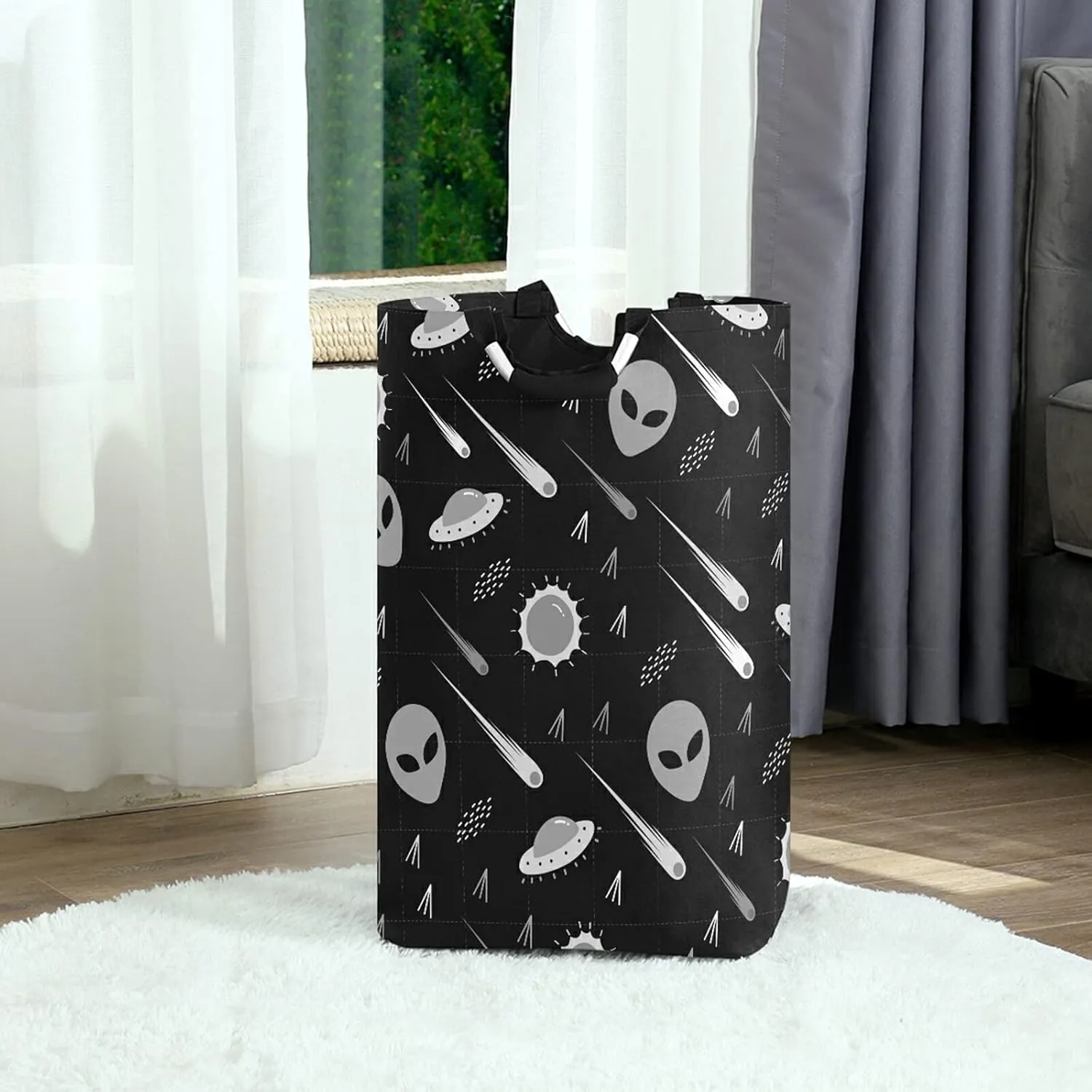 Black White Pattern Alien, UFO, Comet, Star, Sun, Wars on Dark Laundry Hamper Basket Bucket, Foldable Dirty Clothes Bag, Waterproof Fabric Washing Bin, Toy Storage with Handles for Bathroom