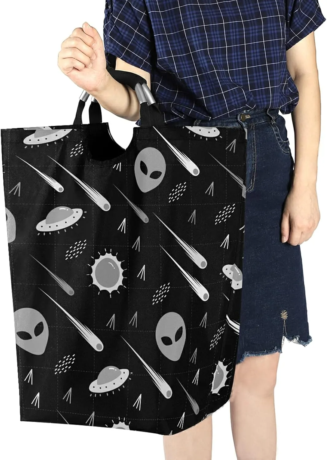 Black White Pattern Alien, UFO, Comet, Star, Sun, Wars on Dark Laundry Hamper Basket Bucket, Foldable Dirty Clothes Bag, Waterproof Fabric Washing Bin, Toy Storage with Handles for Bathroom
