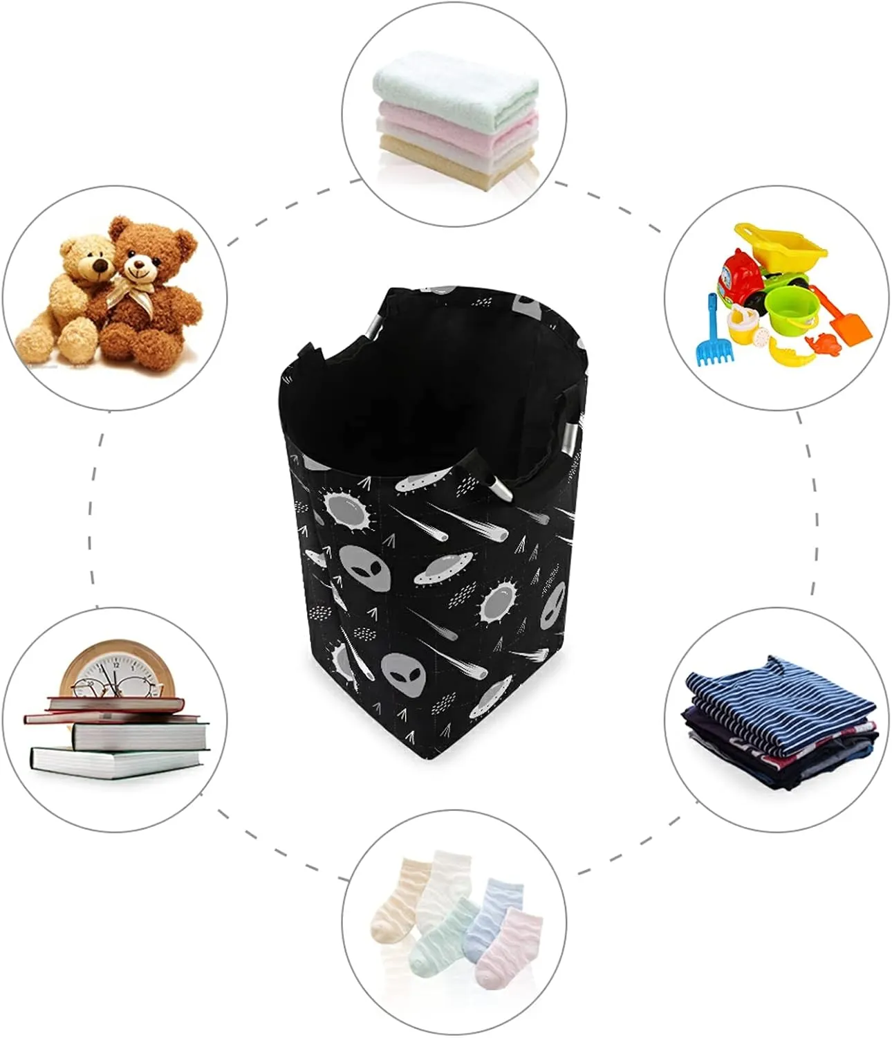 Black White Pattern Alien, UFO, Comet, Star, Sun, Wars on Dark Laundry Hamper Basket Bucket, Foldable Dirty Clothes Bag, Waterproof Fabric Washing Bin, Toy Storage with Handles for Bathroom