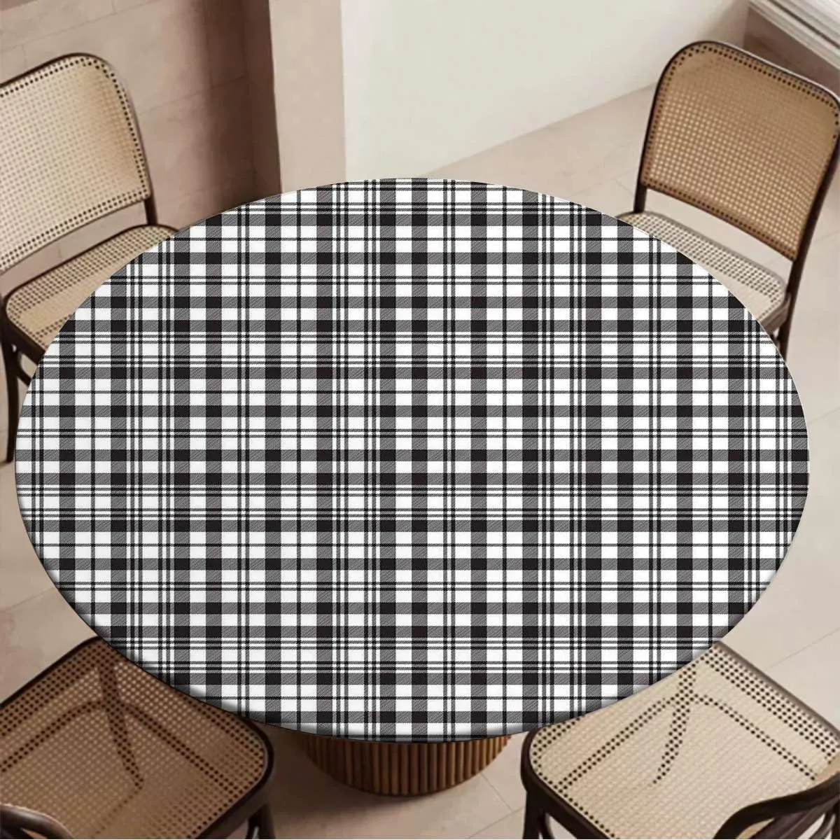 Black White Round Fitted Tablecloth with Elastic Edge Tartan Symmetric Stripes Image Soft-Touch Fitted Table Cloth, Waterproof Oil-Proof Table Cover Abstract Decor Fit for 44"-47" Table