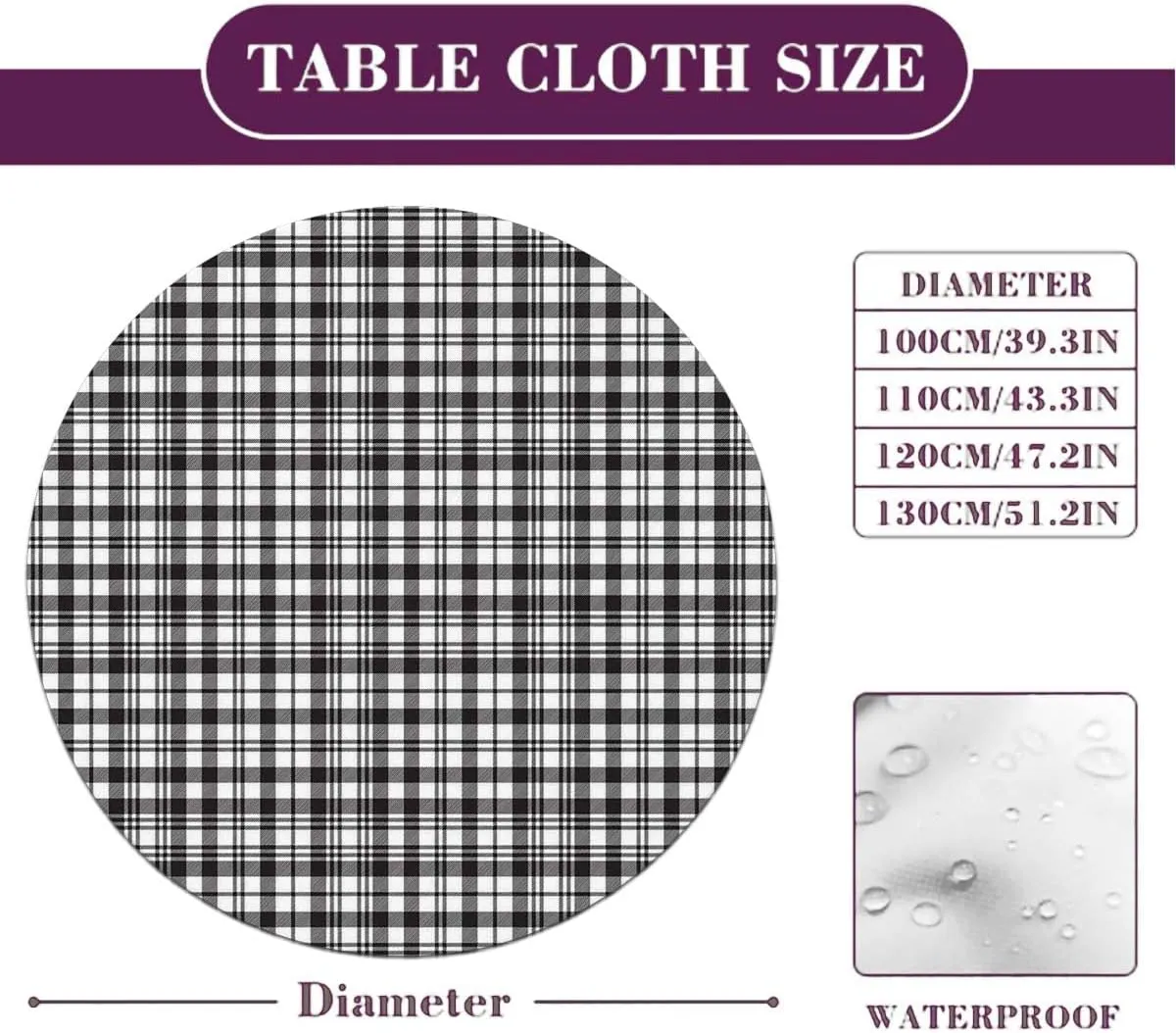 Black White Round Fitted Tablecloth with Elastic Edge Tartan Symmetric Stripes Image Soft-Touch Fitted Table Cloth, Waterproof Oil-Proof Table Cover Abstract Decor Fit for 44"-47" Table