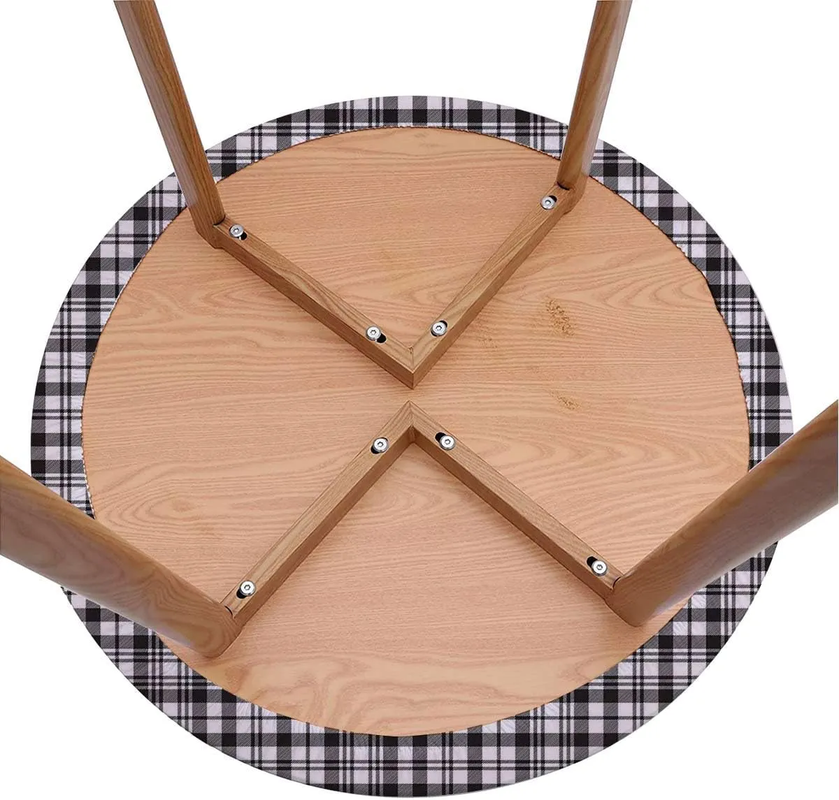Black White Round Fitted Tablecloth with Elastic Edge Tartan Symmetric Stripes Image Soft-Touch Fitted Table Cloth, Waterproof Oil-Proof Table Cover Abstract Decor Fit for 44"-47" Table