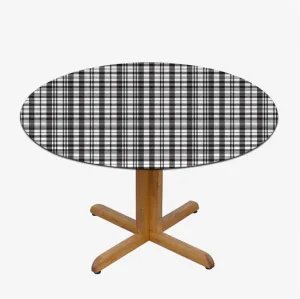 Black White Round Fitted Tablecloth with Elastic Edge Tartan Symmetric Stripes Image Soft-Touch Fitted Table Cloth, Waterproof Oil-Proof Table Cover Abstract Decor Fit for 44"-47" Table