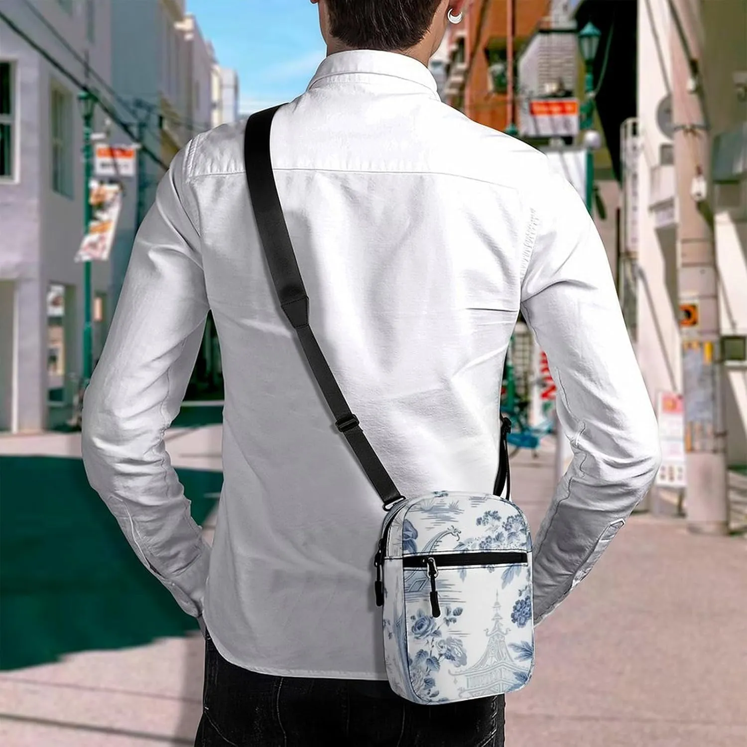 Blue Chinese Landscape Painting Crossbody Bag Small Shoulder Bag Waterproof, Lightweight And Convenient