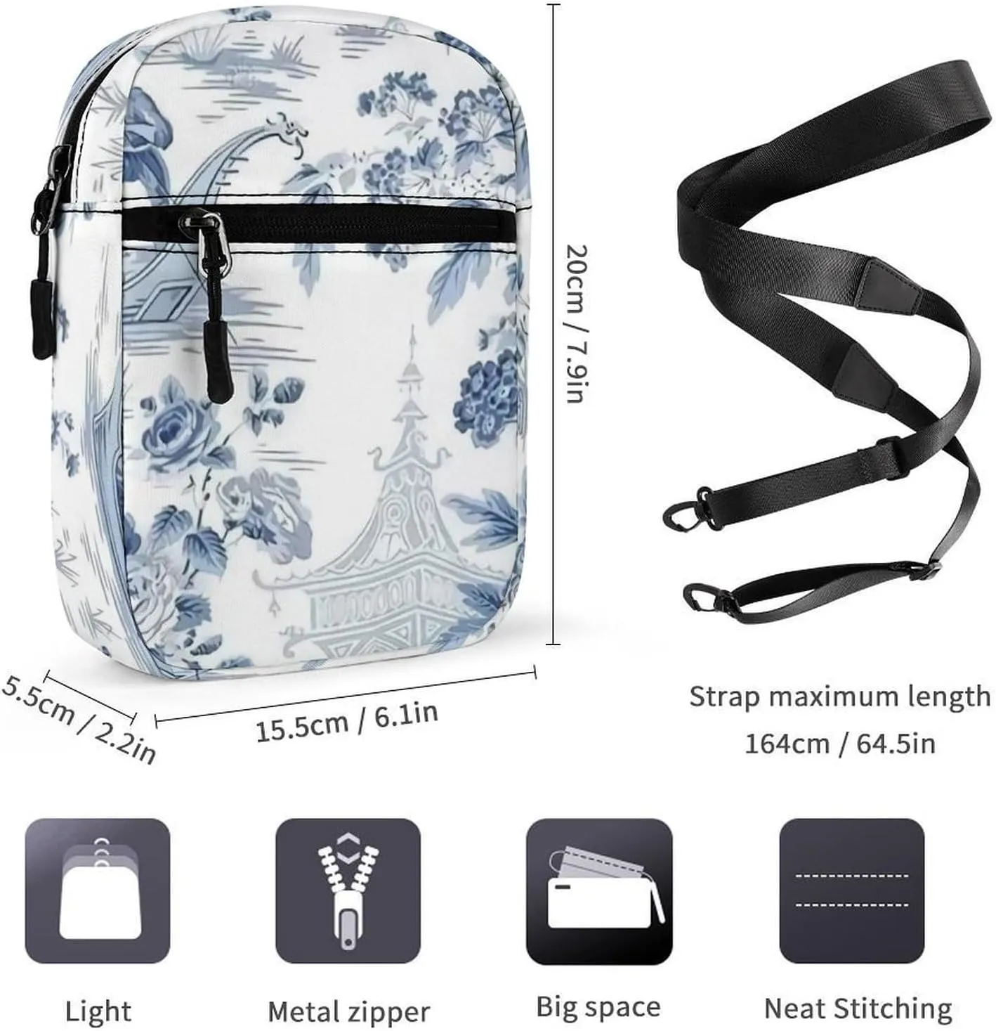 Blue Chinese Landscape Painting Crossbody Bag Small Shoulder Bag Waterproof, Lightweight And Convenient