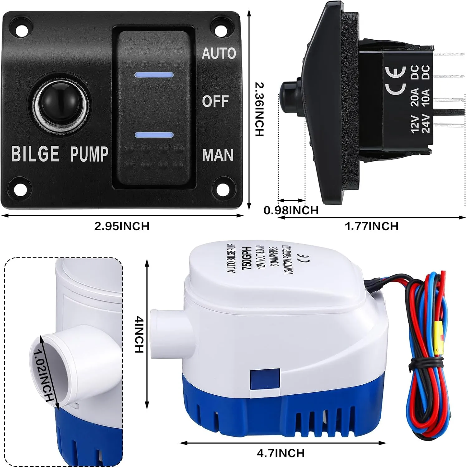 Boat Bilge Pump Automatic Bilge Pump 12v 24v 3 Way Switch Panel with Built-in Circuit Breaker Plumbing Installation Kit for Motorboat Boat Accessories(750gph, 15a)