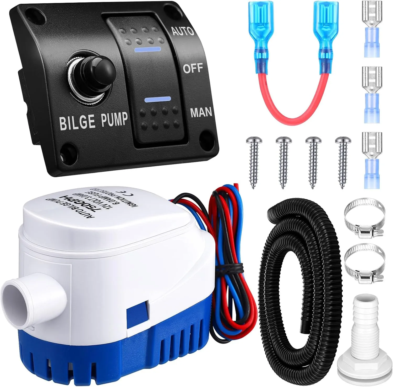 Boat Bilge Pump Automatic Bilge Pump 12v 24v 3 Way Switch Panel with Built-in Circuit Breaker Plumbing Installation Kit for Motorboat Boat Accessories(750gph, 15a)