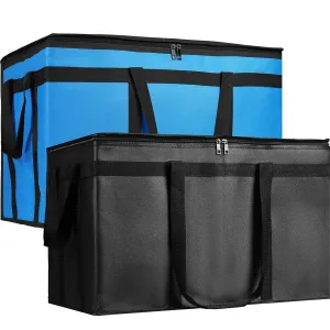 Bodaon 2PK Cooler Insulated Food Delivery Bag for Doordash/Uber Eats, XXX-Large Thermal Bags for Catering/Hot Pizza, Travel/Camping/Picnic Basket，Grocery Reusable Warmer Frozen Essentials(Black  Blue)