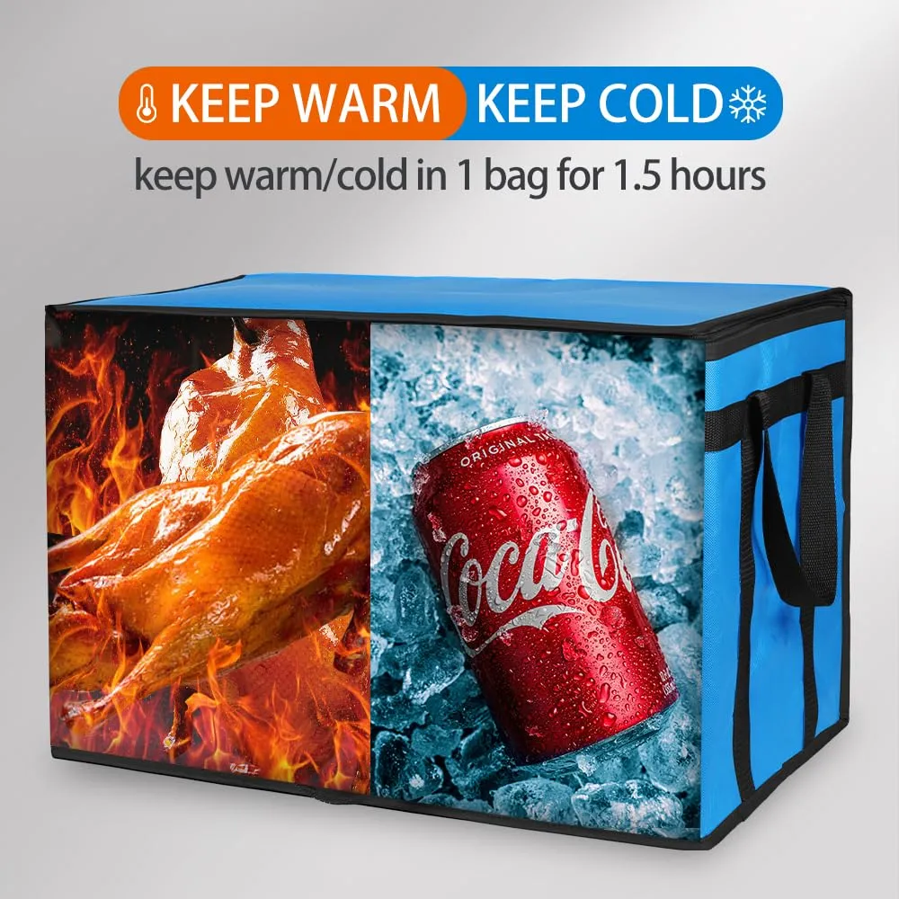 Bodaon 2PK Cooler Insulated Food Delivery Bag for Doordash/Uber Eats, XXX-Large Thermal Bags for Catering/Hot Pizza, Travel/Camping/Picnic Basket，Grocery Reusable Warmer Frozen Essentials(Black  Blue)