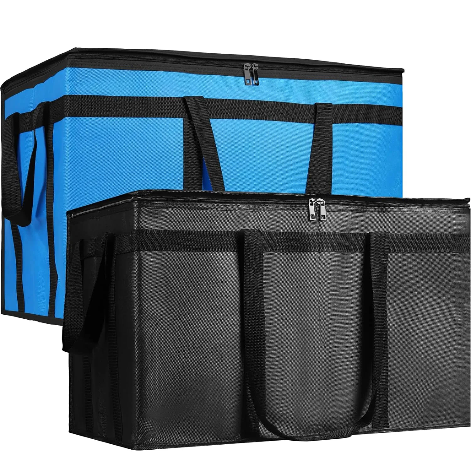 Bodaon 2PK Cooler Insulated Food Delivery Bag for Doordash/Uber Eats, XXX-Large Thermal Bags for Catering/Hot Pizza, Travel/Camping/Picnic Basket，Grocery Reusable Warmer Frozen Essentials(Black  Blue)