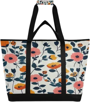Boho Flowers Reusable Insulated Lunchbox Cooler Bag, Leakproof Kitchen Grocery Bag Collapsible Portable Cooler Tote Bag for Picnic, Camping, Office, Travel