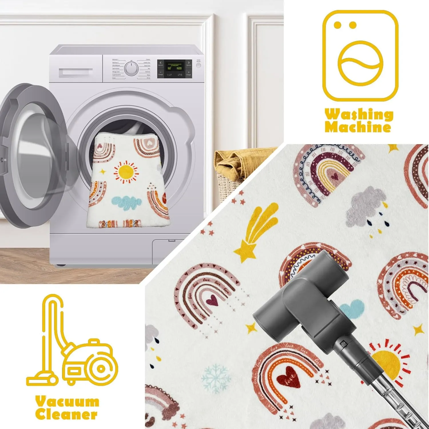 Boho Rainbow Soft Kids Play Rug, Washable Foldable Baby Crawling Floor Mat, Non Slip Nursery Area Rug for Children Living Room Playroom Classroom Bathroom Bedroom Kids Room Decor