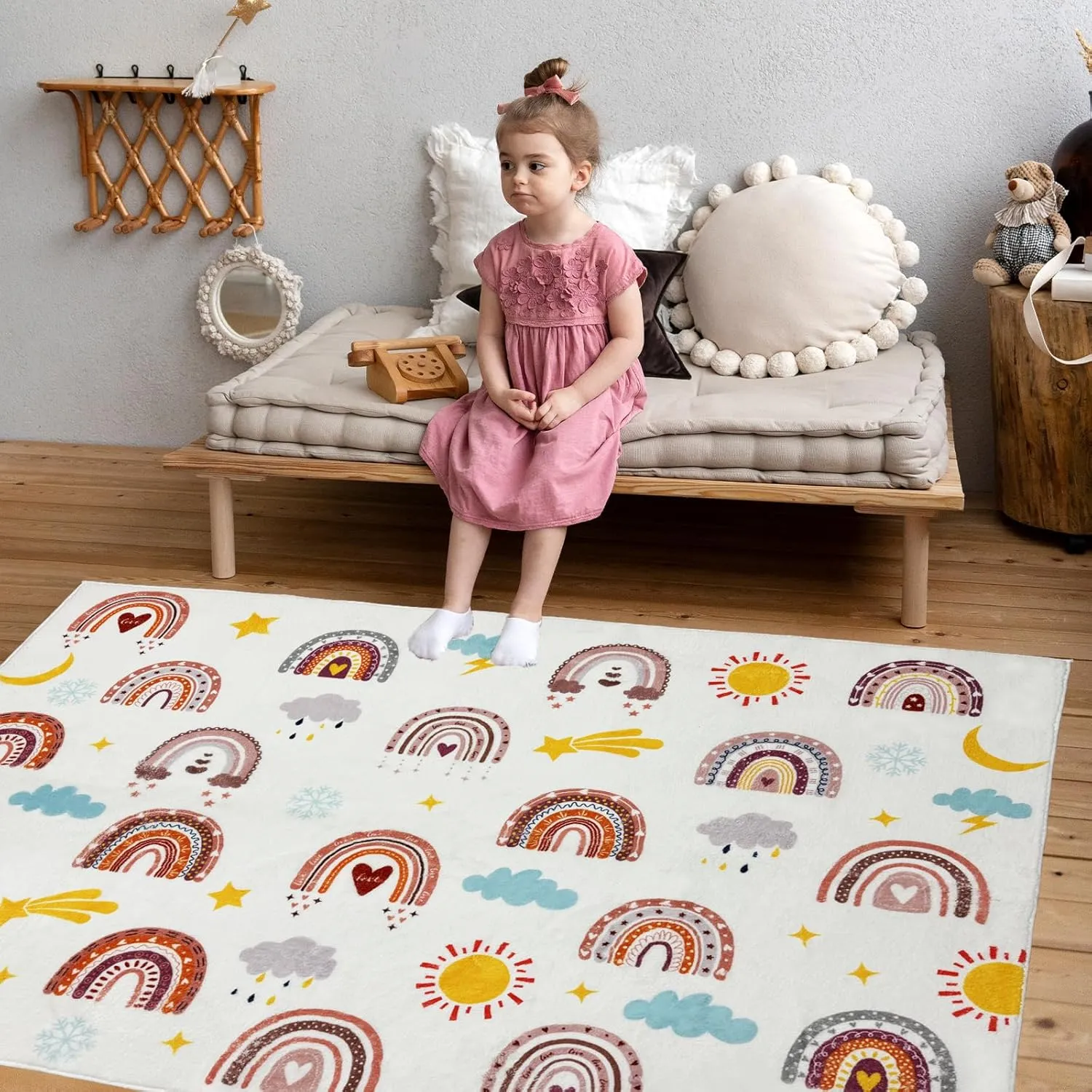Boho Rainbow Soft Kids Play Rug, Washable Foldable Baby Crawling Floor Mat, Non Slip Nursery Area Rug for Children Living Room Playroom Classroom Bathroom Bedroom Kids Room Decor