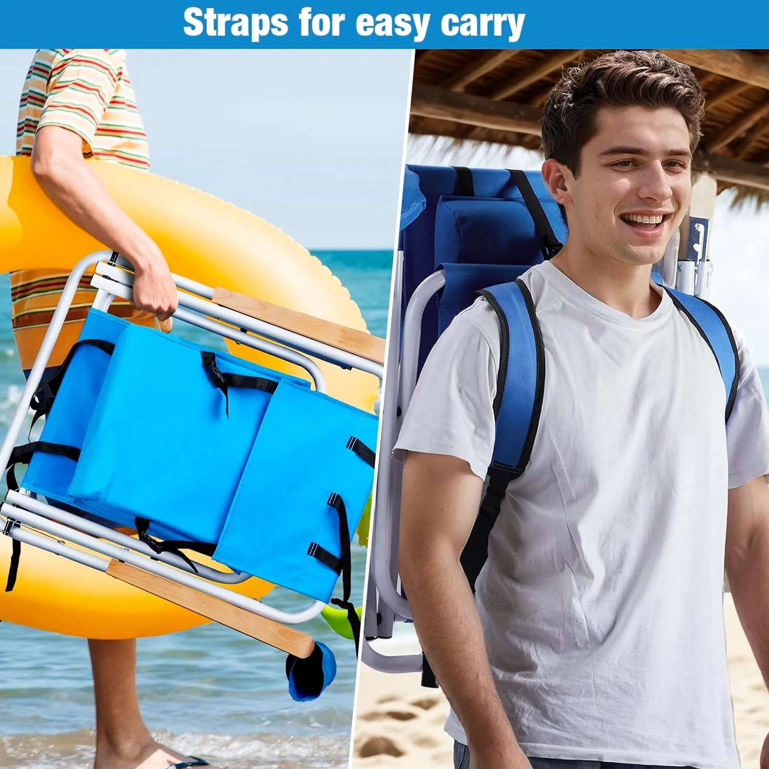 Bonnlo Foldable Backpack Carry Camping Chair with Cup Holder, Portable 4-Position Reclining Heavy-Duty Supports 265lbs (120 kg) for Beach Lawn Concert Fishing Blue