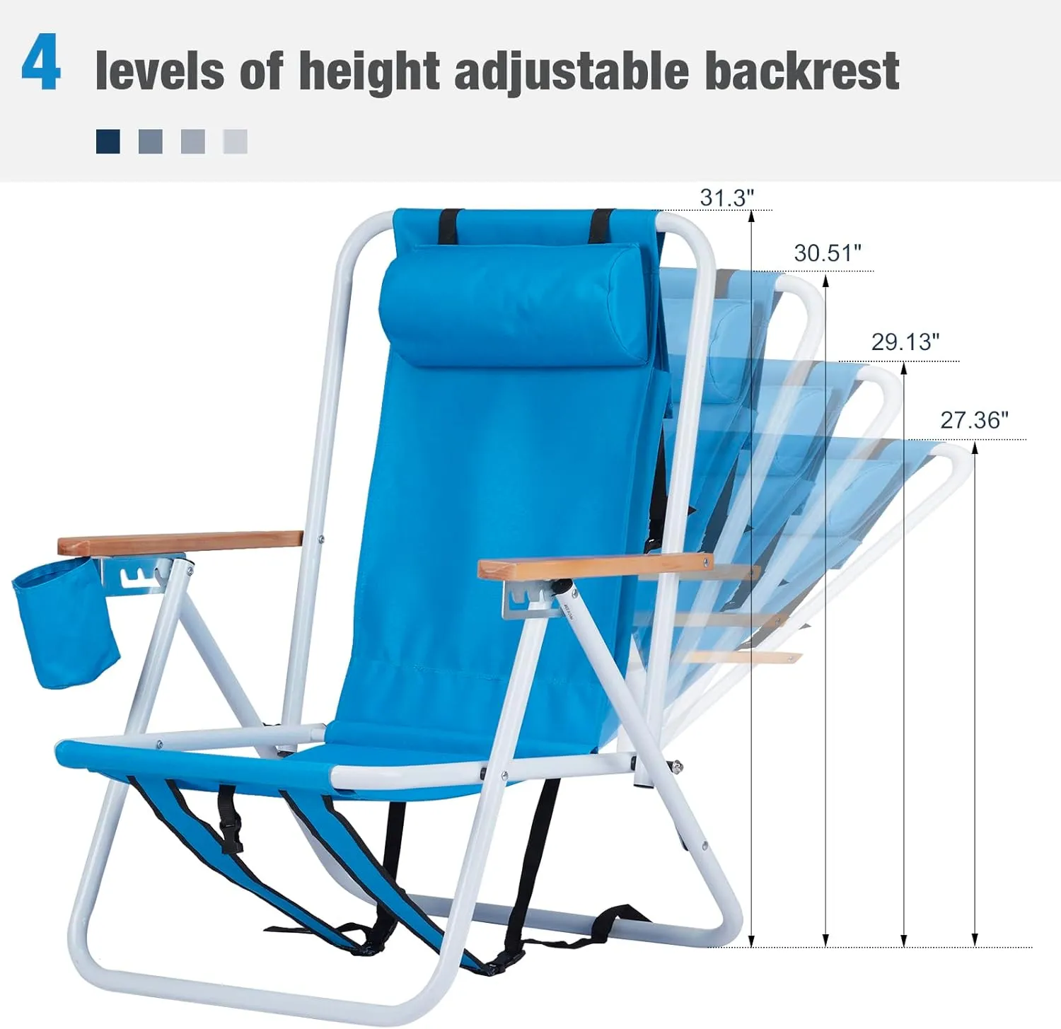 Bonnlo Foldable Backpack Carry Camping Chair with Cup Holder, Portable 4-Position Reclining Heavy-Duty Supports 265lbs (120 kg) for Beach Lawn Concert Fishing Blue