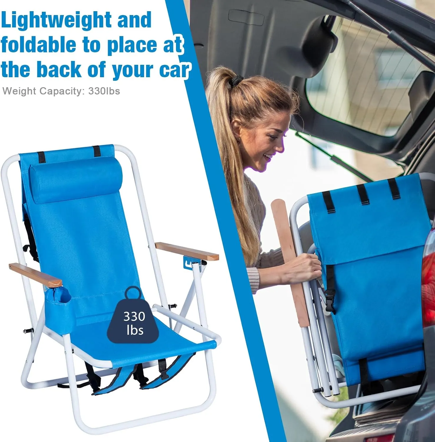 Bonnlo Foldable Backpack Carry Camping Chair with Cup Holder, Portable 4-Position Reclining Heavy-Duty Supports 265lbs (120 kg) for Beach Lawn Concert Fishing Blue
