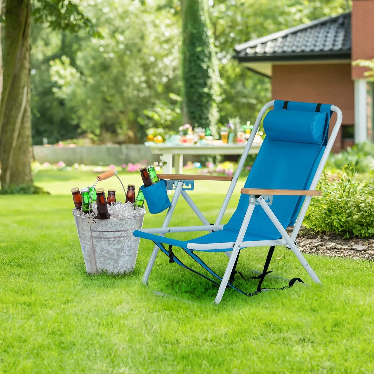 Bonnlo Foldable Backpack Carry Camping Chair with Cup Holder, Portable 4-Position Reclining Heavy-Duty Supports 265lbs (120 kg) for Beach Lawn Concert Fishing Blue