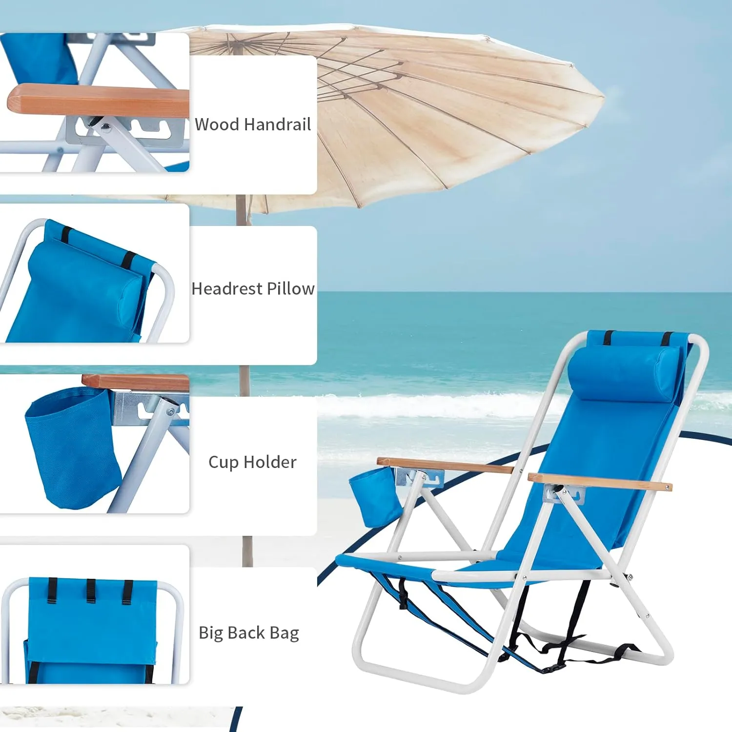 Bonnlo Foldable Backpack Carry Camping Chair with Cup Holder, Portable 4-Position Reclining Heavy-Duty Supports 265lbs (120 kg) for Beach Lawn Concert Fishing Blue