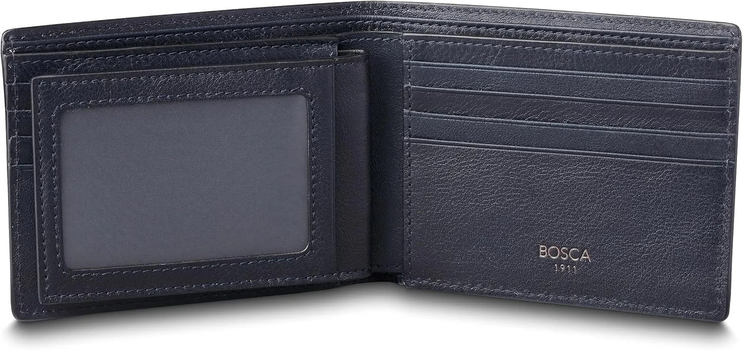 Bosca Navayo Slim 10 Pocket Wallet w/Removeable Flip I.D Passcase Blue-Black