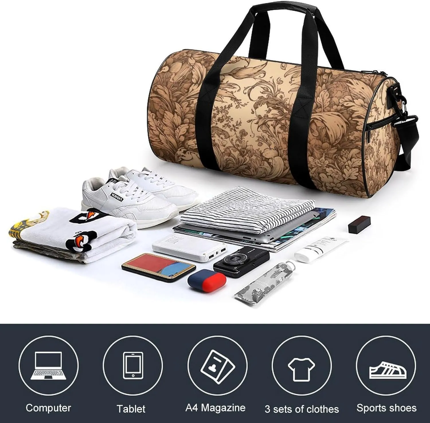 Brown Engraved Lines Duffel Bag for Men Women Gym Bag Sports Small Overnight Bag for Travel Weekender