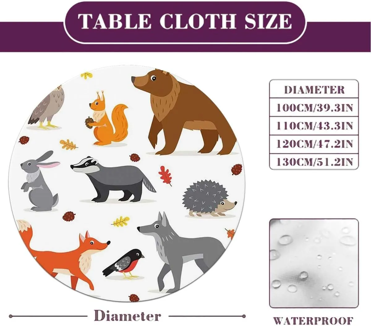 Brown White Round Fitted Tablecloth with Elastic Edge Cartoon Multi Animals Nature Elastic Edge, Waterproof and wipeable Fit for 36"-39" Diameter Table Animal