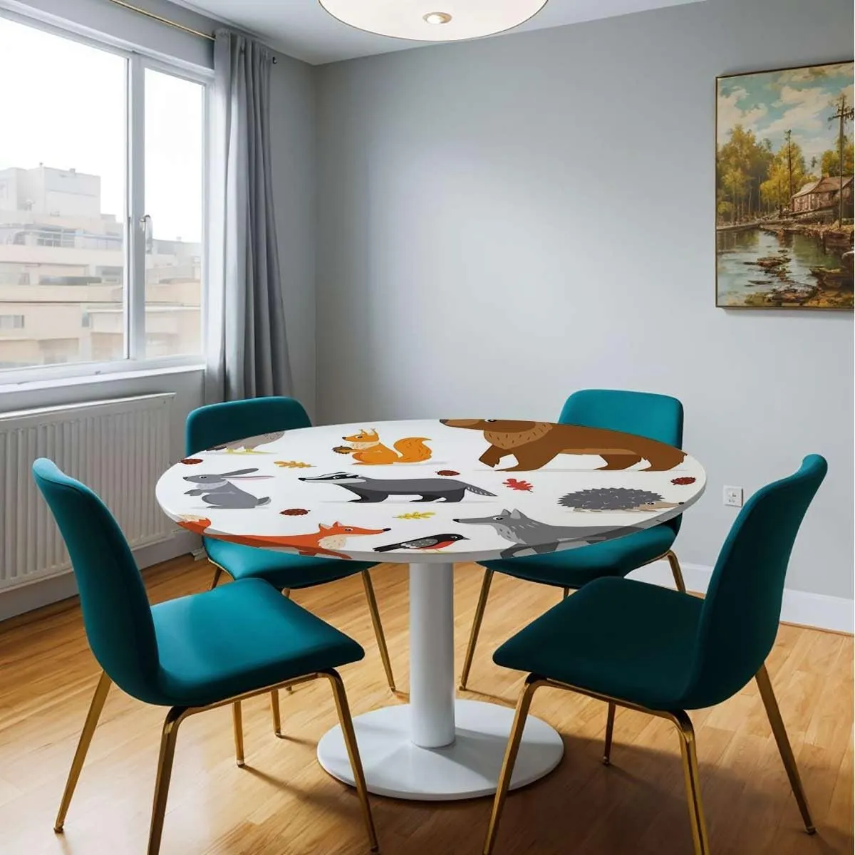 Brown White Round Fitted Tablecloth with Elastic Edge Cartoon Multi Animals Nature Elastic Edge, Waterproof and wipeable Fit for 36"-39" Diameter Table Animal