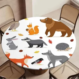 Brown White Round Fitted Tablecloth with Elastic Edge Cartoon Multi Animals Nature Elastic Edge, Waterproof and wipeable Fit for 36"-39" Diameter Table Animal