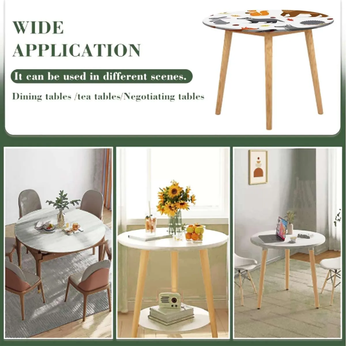 Brown White Round Fitted Tablecloth with Elastic Edge Cartoon Multi Animals Nature Elastic Edge, Waterproof and wipeable Fit for 36"-39" Diameter Table Animal