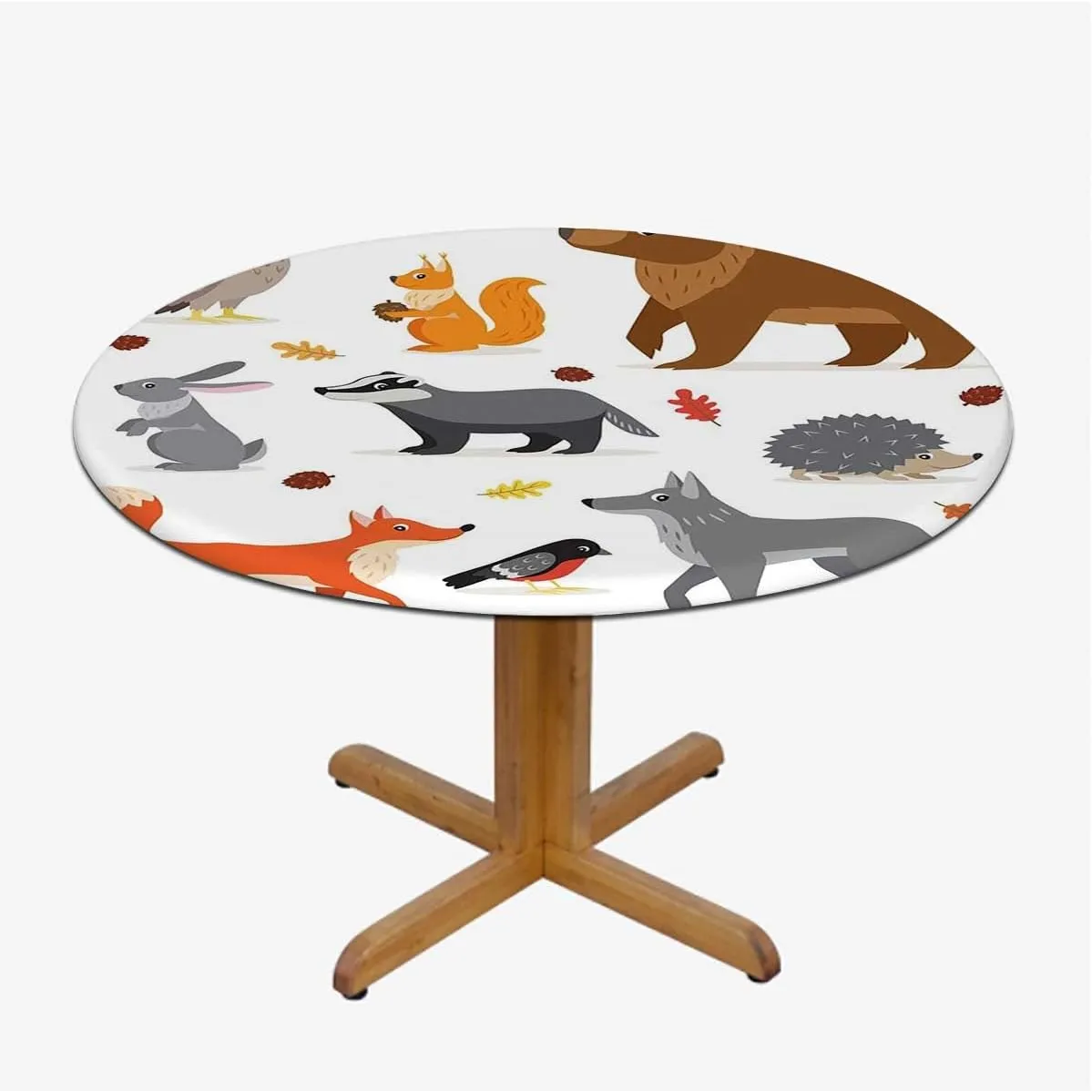 Brown White Round Fitted Tablecloth with Elastic Edge Cartoon Multi Animals Nature Elastic Edge, Waterproof and wipeable Fit for 36"-39" Diameter Table Animal