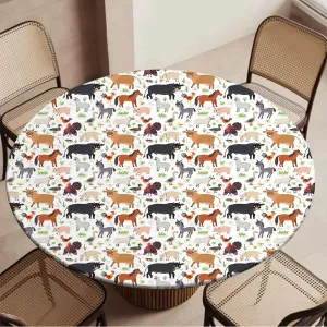 Brown White Round Table Cloth with Elastic Edged Cartoon Multi Animals Nature Covers for The Home Elastic Edged Flannel Backed Fitted Table Cover Fit for 36"-39" Diameter Table Animal
