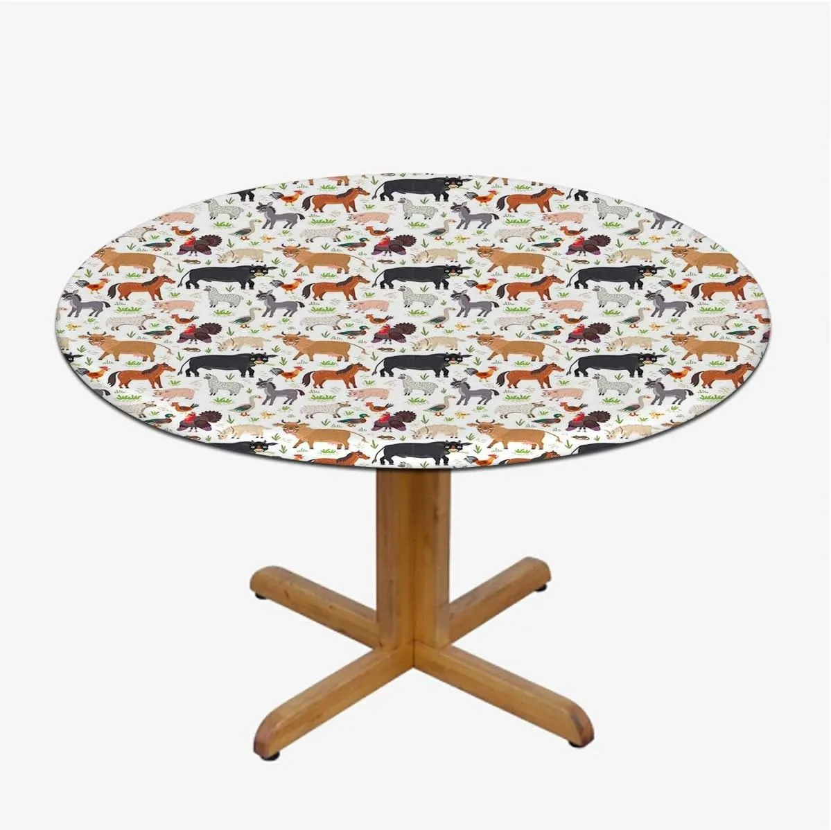Brown White Round Table Cloth with Elastic Edged Cartoon Multi Animals Nature Covers for The Home Elastic Edged Flannel Backed Fitted Table Cover Fit for 36"-39" Diameter Table Animal