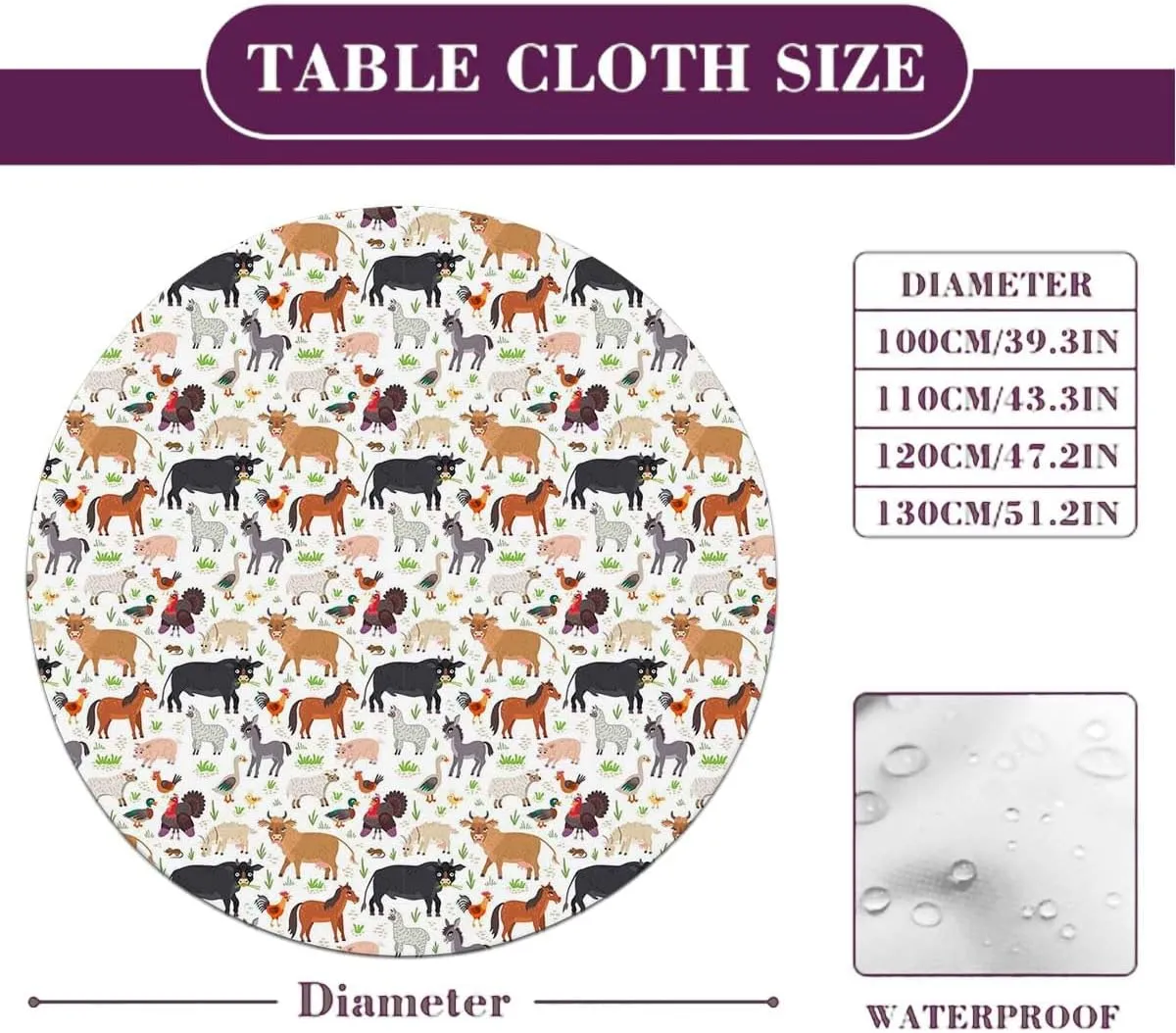 Brown White Round Table Cloth with Elastic Edged Cartoon Multi Animals Nature Covers for The Home Elastic Edged Flannel Backed Fitted Table Cover Fit for 36"-39" Diameter Table Animal