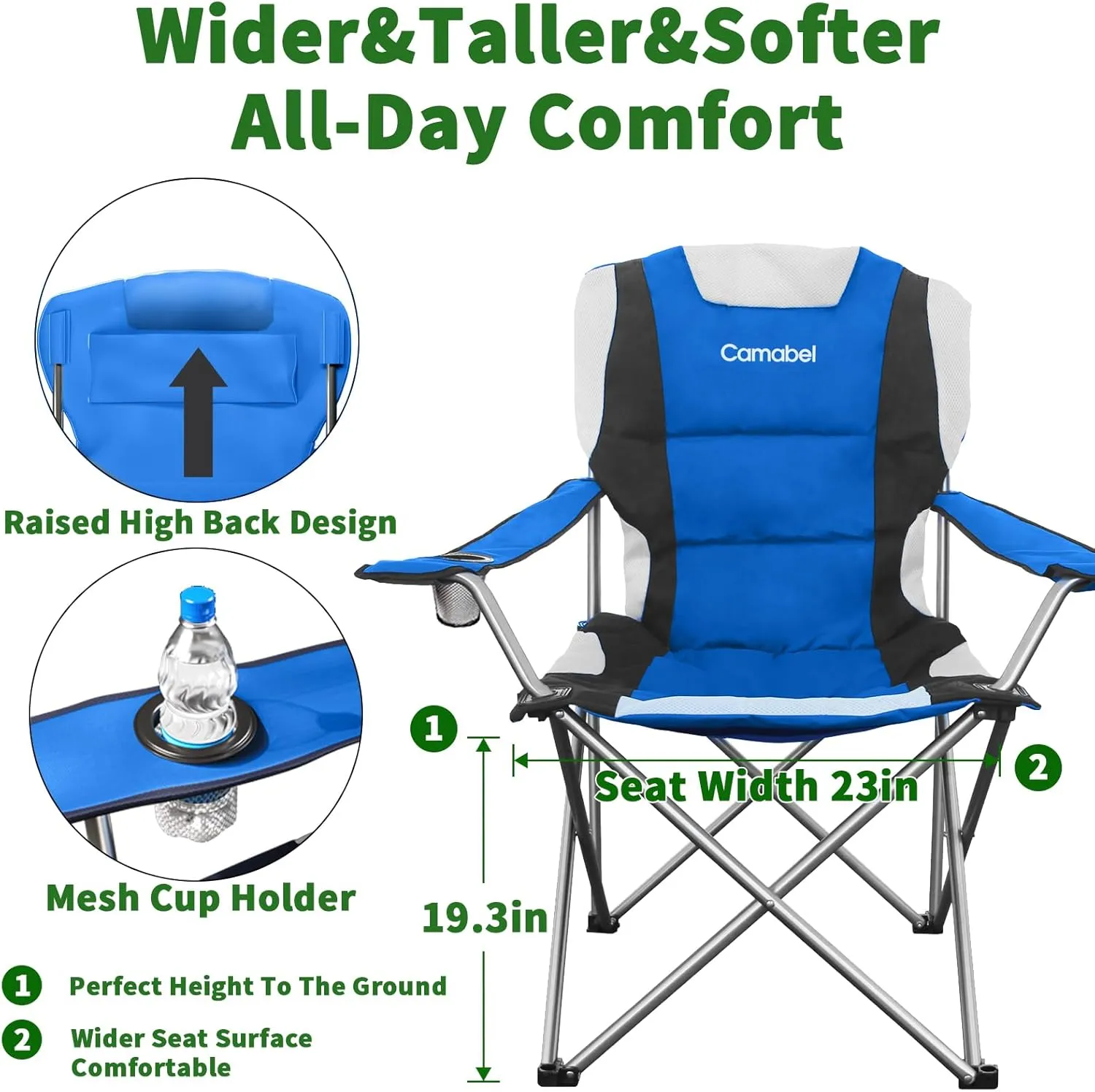 Camabel Folding Camping Chairs 400 LBS Oversized Heavy Duty Padded Beach Chair Portable Outdoor Lawn Chairs with Cup Holder Carry Bag for Sporting Hiking Picnics Fishing Blue
