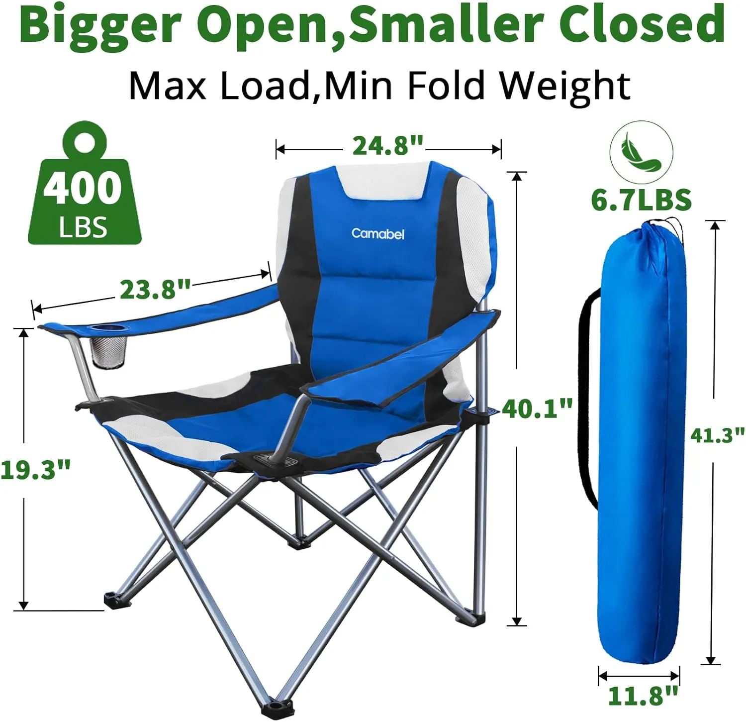 Camabel Folding Camping Chairs 400 LBS Oversized Heavy Duty Padded Beach Chair Portable Outdoor Lawn Chairs with Cup Holder Carry Bag for Sporting Hiking Picnics Fishing Blue