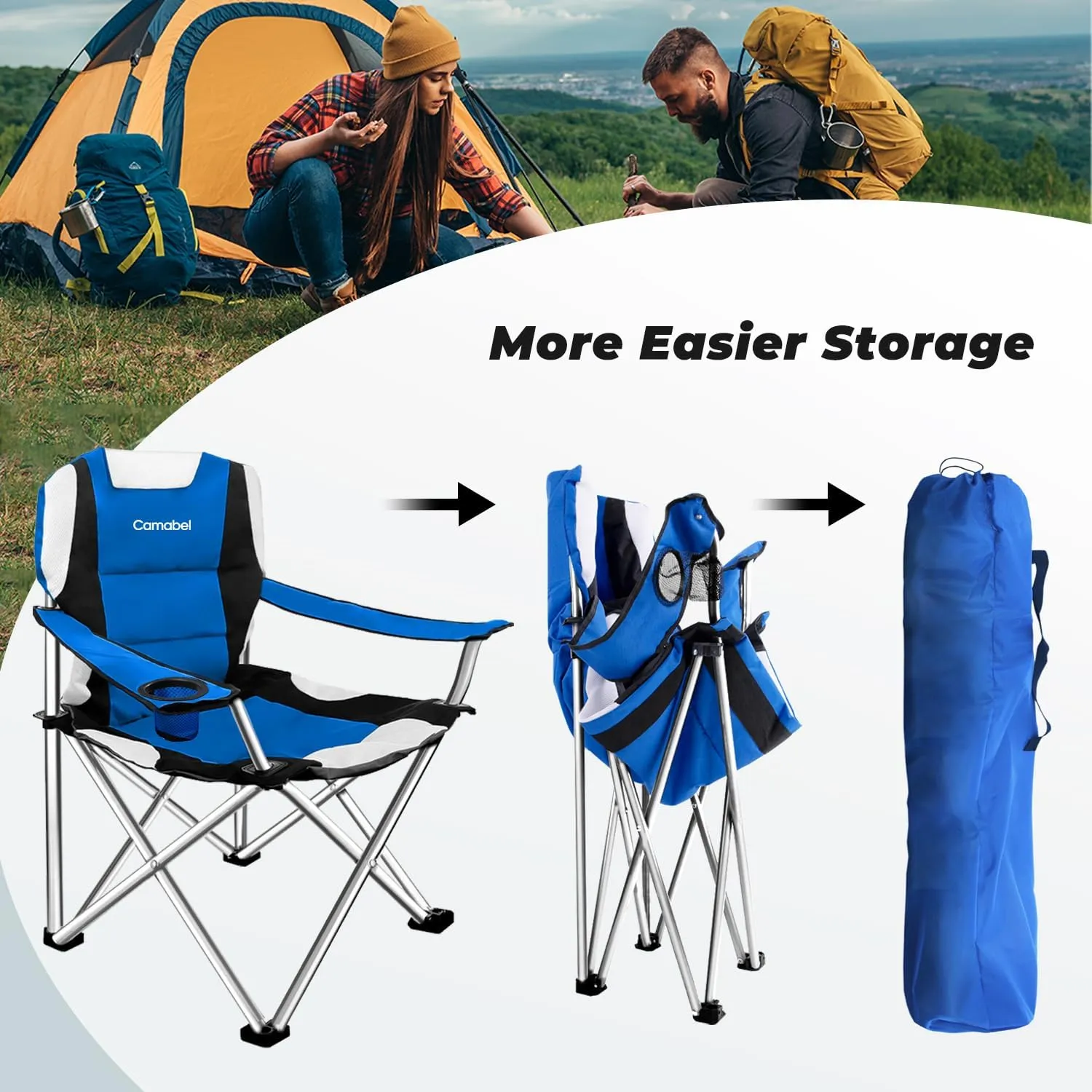 Camabel Folding Camping Chairs 400 LBS Oversized Heavy Duty Padded Beach Chair Portable Outdoor Lawn Chairs with Cup Holder Carry Bag for Sporting Hiking Picnics Fishing Blue