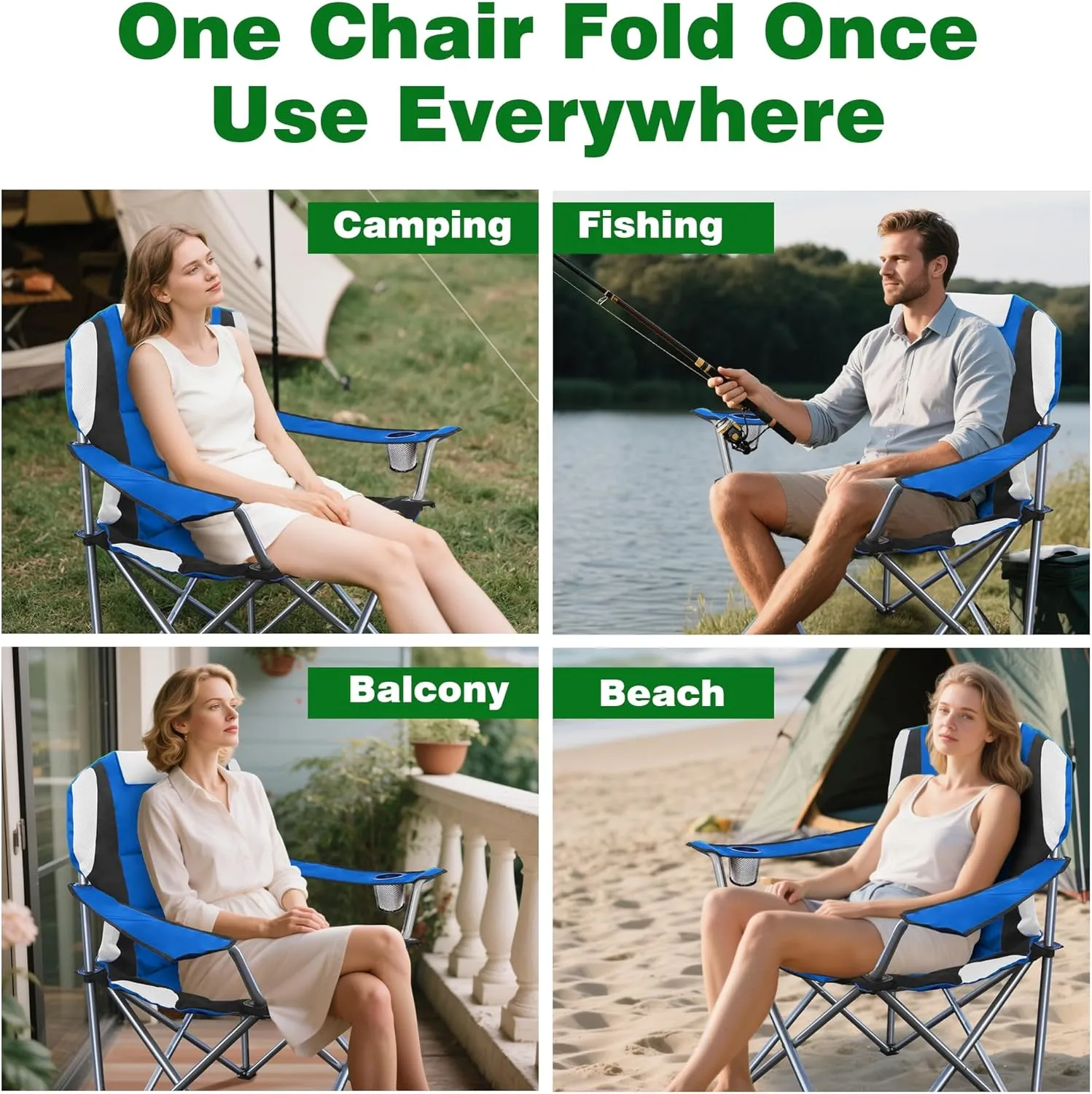 Camabel Folding Camping Chairs 400 LBS Oversized Heavy Duty Padded Beach Chair Portable Outdoor Lawn Chairs with Cup Holder Carry Bag for Sporting Hiking Picnics Fishing Blue