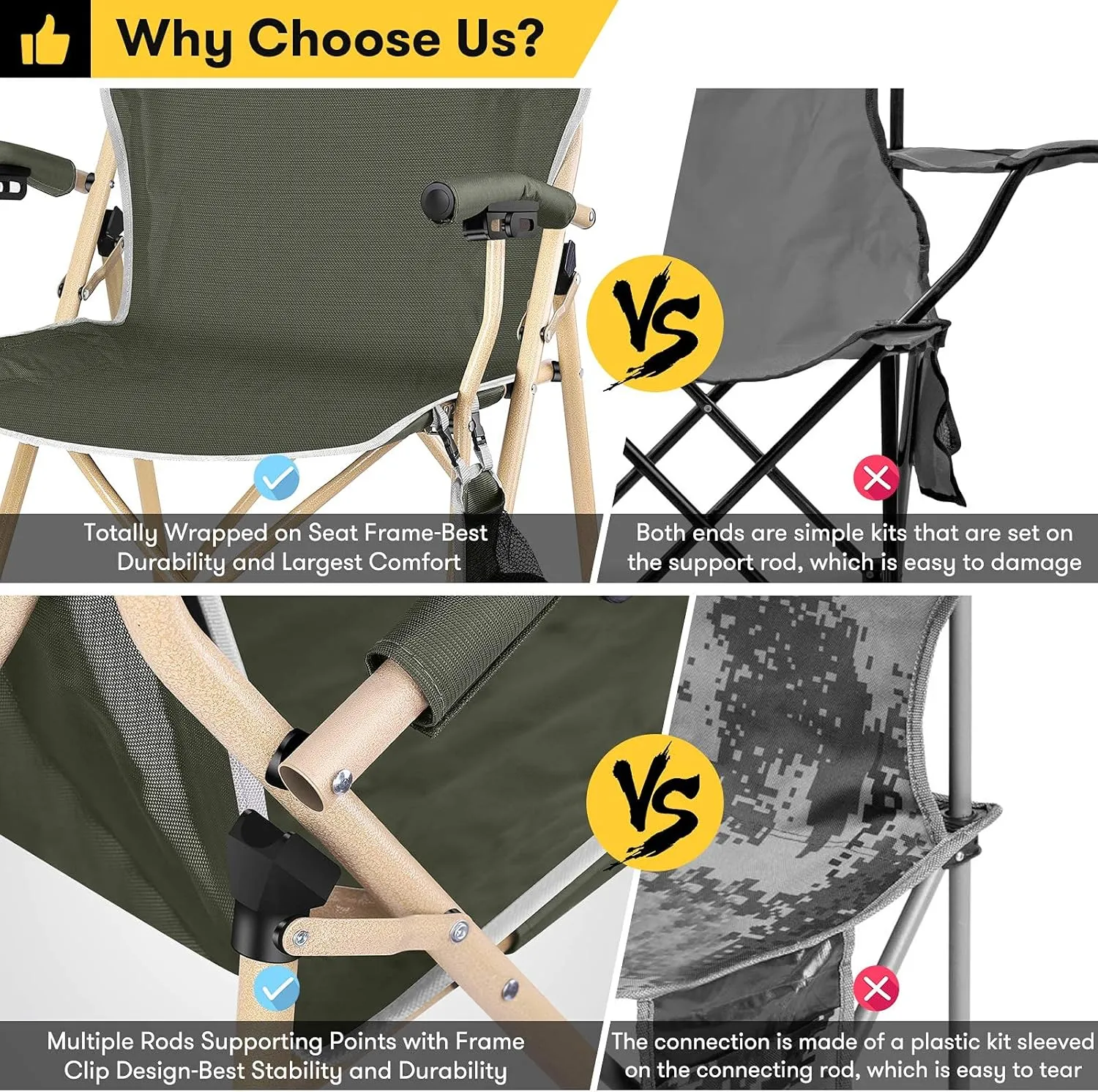 Camabel Folding Camping Chairs Oversized Heavy Duty Padded 400 LBS Beach Chair Portable Outdoor Lawn Chairs with Storage Bag and Carry Bag for Sporting Hiking Picnics Fishing Army Green