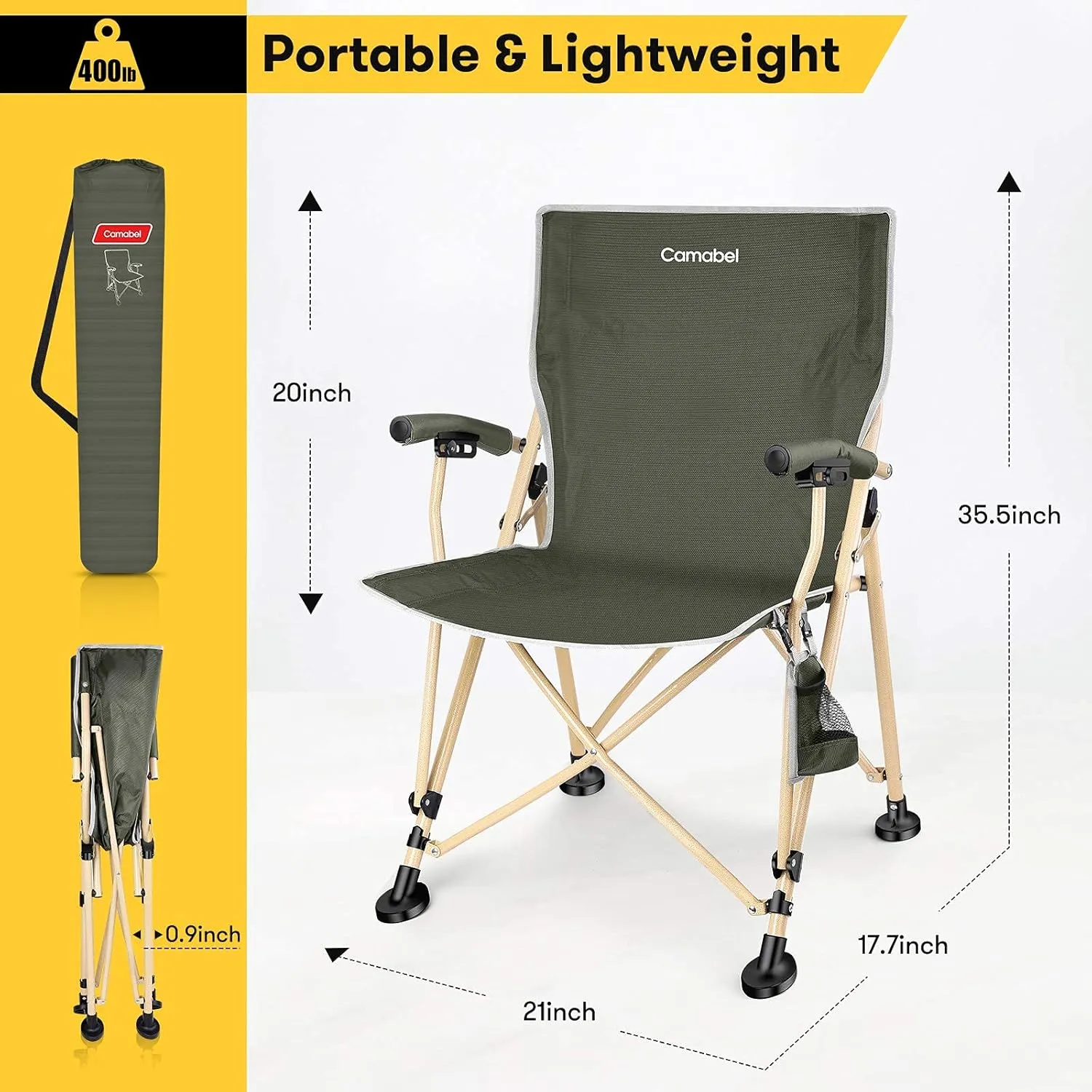 Camabel Folding Camping Chairs Oversized Heavy Duty Padded 400 LBS Beach Chair Portable Outdoor Lawn Chairs with Storage Bag and Carry Bag for Sporting Hiking Picnics Fishing Army Green