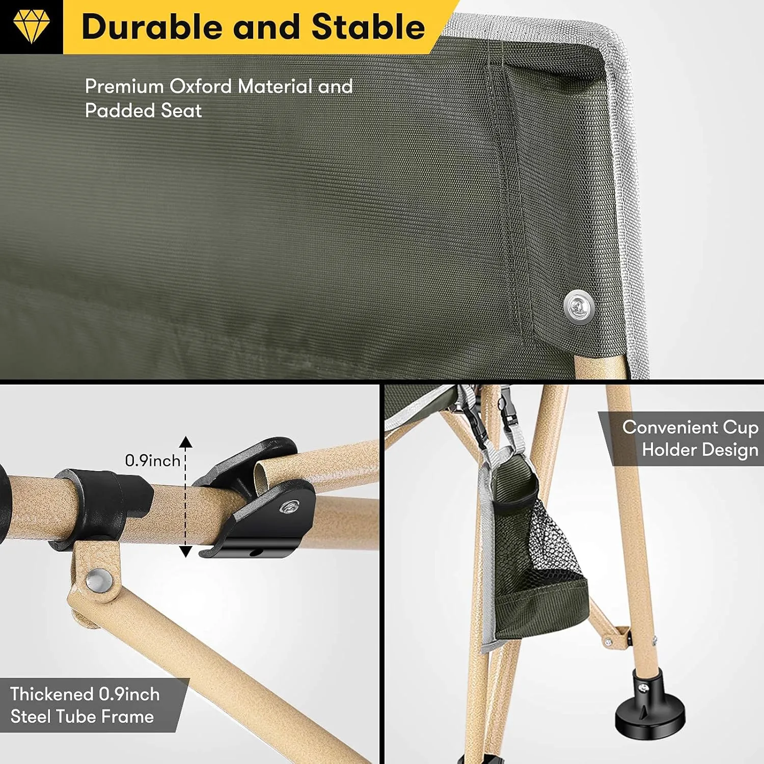 Camabel Folding Camping Chairs Oversized Heavy Duty Padded 400 LBS Beach Chair Portable Outdoor Lawn Chairs with Storage Bag and Carry Bag for Sporting Hiking Picnics Fishing Army Green
