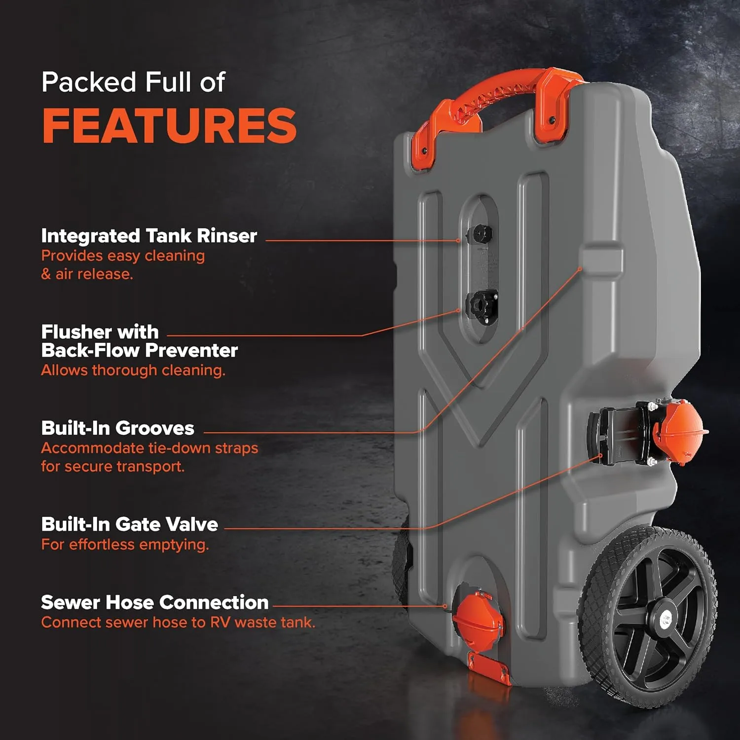 Camco Rhino 28-Gallon RV Tote Tank - Features Large Heavy-Duty No-Flat Wheels & Built-in Gate Valve - Removable Steel Tow Adapter, 3’ Sewer Hose & More RV Accessories (39004)