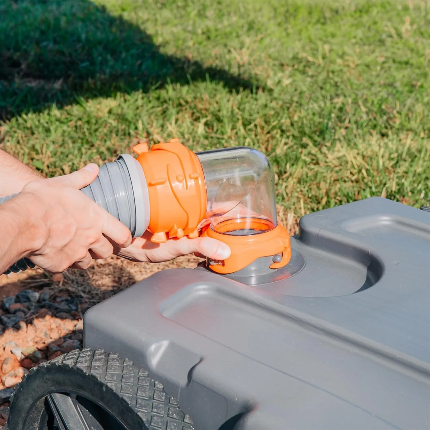 Camco Rhino 28-Gallon RV Tote Tank - Features Large Heavy-Duty No-Flat Wheels & Built-in Gate Valve - Removable Steel Tow Adapter, 3’ Sewer Hose & More RV Accessories (39004)